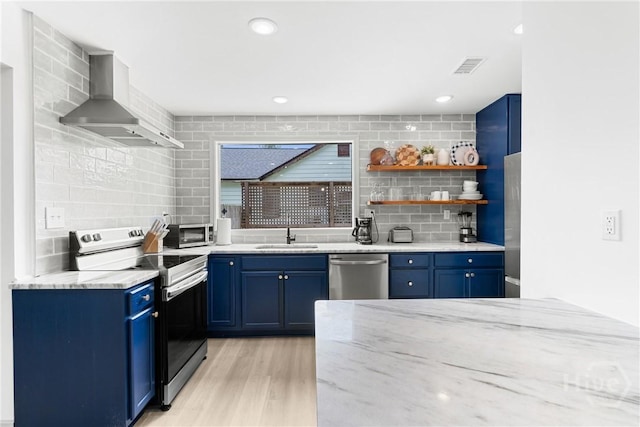 911 Hamilton Ct, Savannah, GA 31401 - kitchen with wall chimney exhaust hood, stainless steel appliances, blue cabinets, and recessed lighting