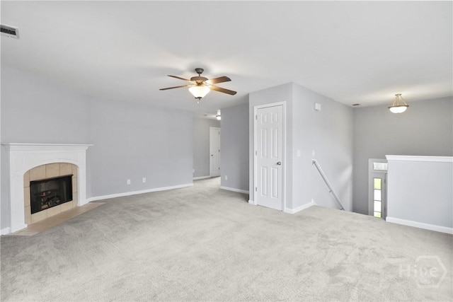 15 Springwater Dr, Port Wentworth, GA 31407 - unfurnished living room featuring carpet flooring, ceiling fan, and a fireplace