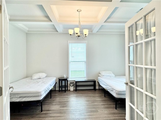 135 Melody Dr, Pooler, GA 31322 - bedroom with a chandelier, wood finished floors, coffered ceiling, and beam ceiling