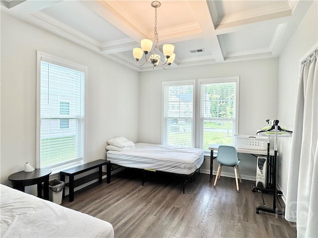 135 Melody Dr, Pooler, GA 31322 - bedroom featuring a chandelier, coffered ceiling, wood finished floors, beam ceiling, and crown molding