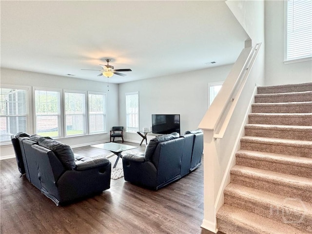 135 Melody Dr, Pooler, GA 31322 - living area with stairs, dark wood-type flooring, and a ceiling fan