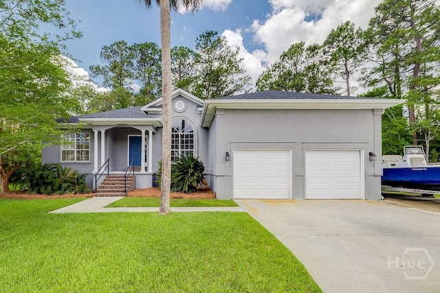 7 Settlers Pt, Savannah, GA 31406 - ranch-style home featuring a garage, driveway, a front yard, and stucco siding