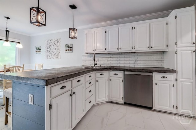 7 Settlers Pt, Savannah, GA 31406 - kitchen with stainless steel dishwasher, dark countertops, a peninsula, white cabinets, and crown molding