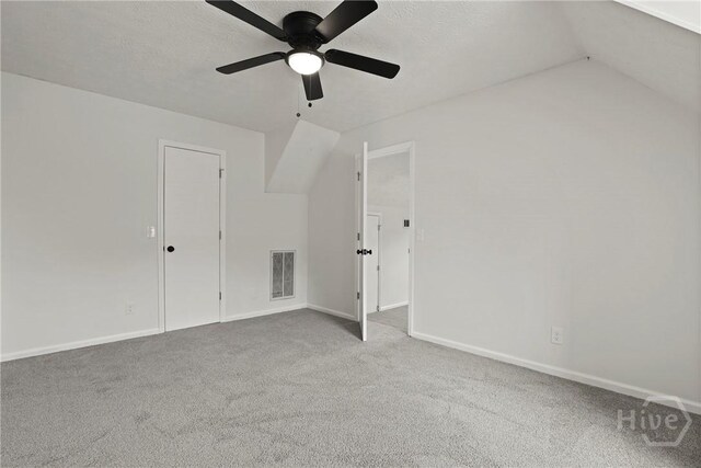 217 Bordeaux Ln, Savannah, GA 31419 - additional living space with a ceiling fan, carpet, vaulted ceiling, and a textured ceiling