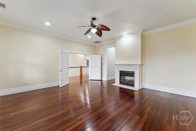 45 Shore Rd, Savannah, GA 31419 - unfurnished living room featuring a ceiling fan, dark wood-type flooring, a fireplace with flush hearth, ornamental molding, and recessed lighting