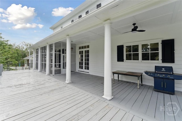 45 Shore Rd, Savannah, GA 31419 - wooden deck featuring a ceiling fan, a grill, and a sunroom