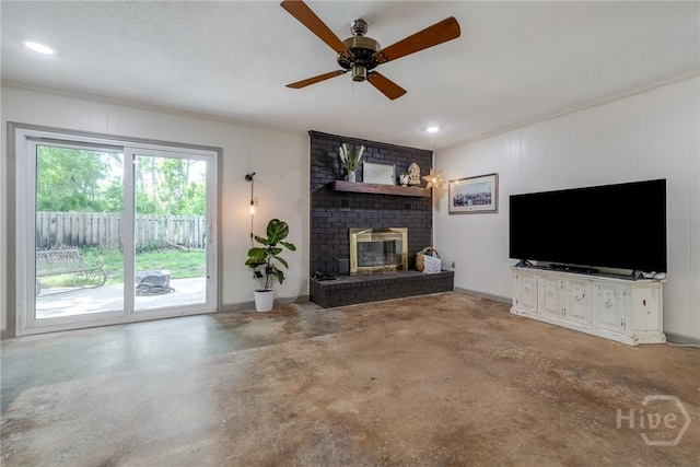 7012 Sandnettles Dr, Savannah, GA 31410 - unfurnished living room featuring concrete floors, ceiling fan, ornamental molding, a fireplace, and recessed lighting