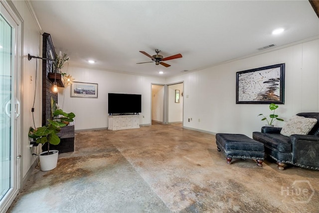 7012 Sandnettles Dr, Savannah, GA 31410 - living room featuring ornamental molding, concrete flooring, ceiling fan, and recessed lighting