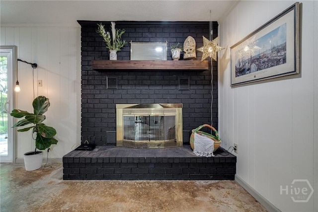 7012 Sandnettles Dr, Savannah, GA 31410 - detailed view of a fireplace, concrete floors, and crown molding