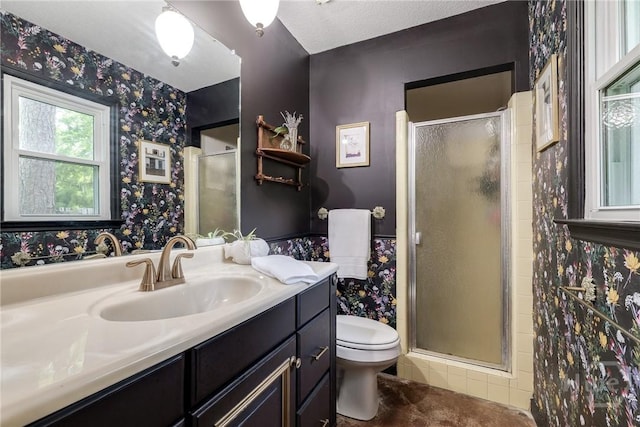 7012 Sandnettles Dr, Savannah, GA 31410 - full bath with wallpapered walls, vanity, and a shower stall