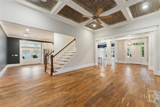 15 Sabal Dr, Richmond Hill, GA 31324 - entryway with coffered ceiling, wood-type flooring, stairway, a ceiling fan, and crown molding
