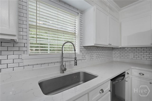 75 Brown Thrasher Ct, Richmond Hill, GA 31324 - kitchen with dishwasher, backsplash, white cabinets, ornamental molding, and light stone countertops