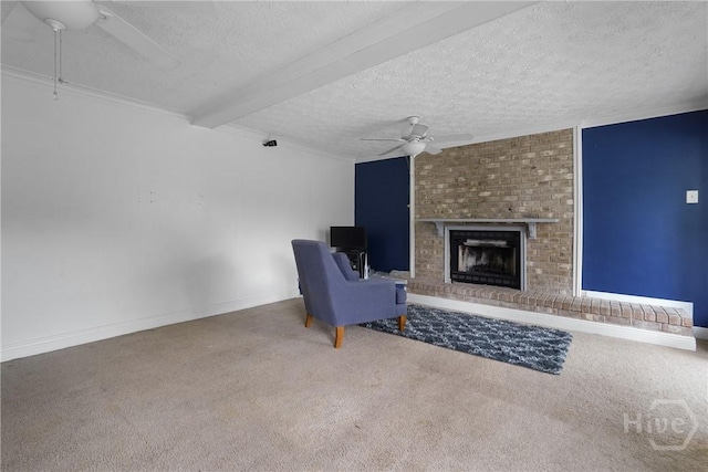 75 Brown Thrasher Ct, Richmond Hill, GA 31324 - unfurnished room with a ceiling fan, carpet flooring, a textured ceiling, a brick fireplace, and beam ceiling