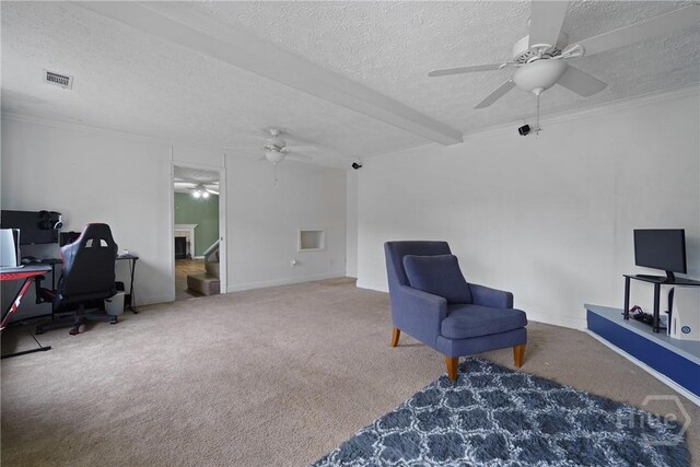75 Brown Thrasher Ct, Richmond Hill, GA 31324 - carpeted office space with a ceiling fan, a textured ceiling, crown molding, and beam ceiling