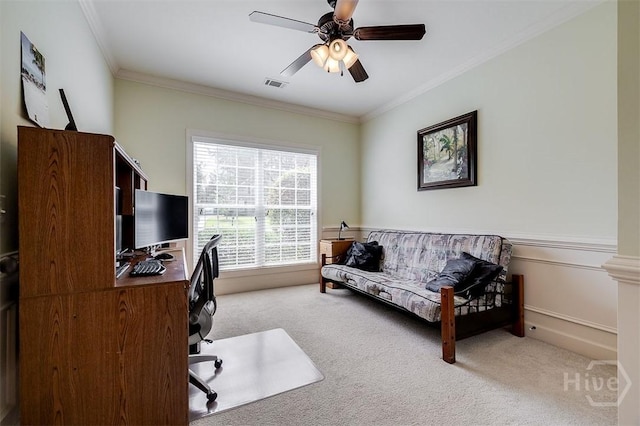 144 Sweetwater Cir, Rincon, GA 31326 - office space with light carpet, crown molding, and ceiling fan