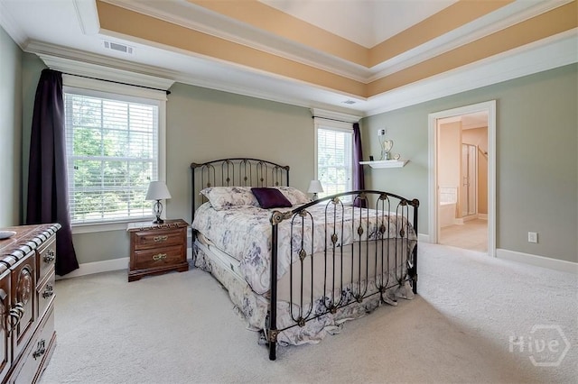 144 Sweetwater Cir, Rincon, GA 31326 - carpeted bedroom featuring crown molding, connected bathroom, and a raised ceiling