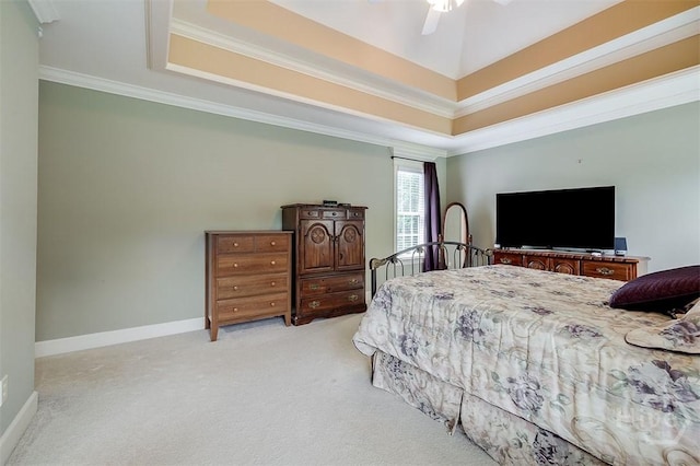 144 Sweetwater Cir, Rincon, GA 31326 - bedroom featuring light carpet, ornamental molding, a tray ceiling, and a ceiling fan