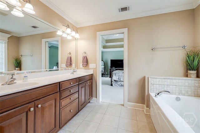 144 Sweetwater Cir, Rincon, GA 31326 - bathroom with double vanity, ensuite bath, crown molding, a garden tub, and tile patterned flooring