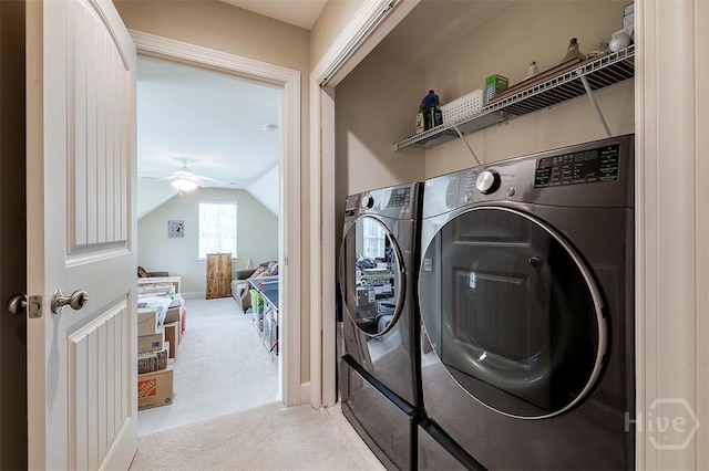 144 Sweetwater Cir, Rincon, GA 31326 - laundry area featuring light carpet, a ceiling fan, and independent washer and dryer