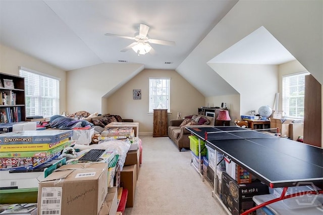 144 Sweetwater Cir, Rincon, GA 31326 - rec room featuring carpet floors, ceiling fan, and lofted ceiling
