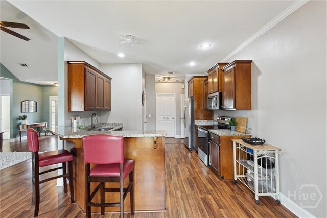 112 Kingsley Dr N, Guyton, GA 31312 - kitchen with appliances with stainless steel finishes, ceiling fan, a peninsula, light stone counters, and dark wood-style flooring