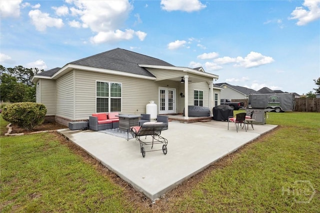 112 Kingsley Dr N, Guyton, GA 31312 - rear view of property featuring french doors, outdoor lounge area, a patio, ceiling fan, and a shingled roof