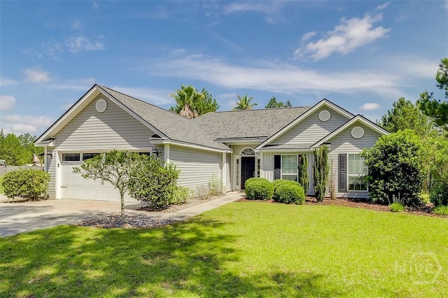 140 Abigail Cir, Ellabell, GA 31308 - ranch-style home with concrete driveway, a front lawn, a garage, and a shingled roof