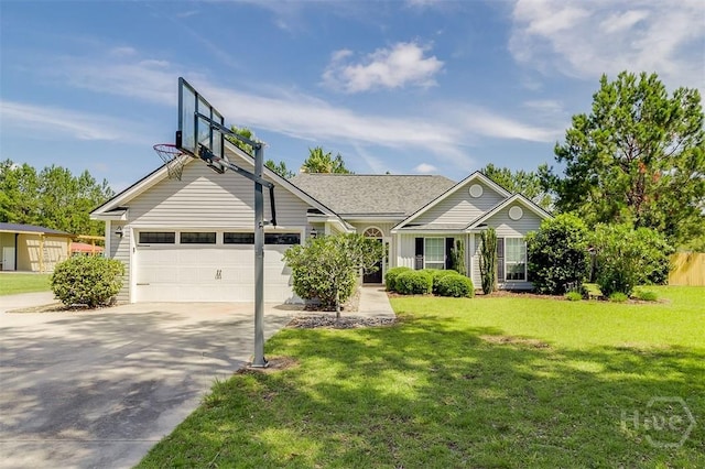 140 Abigail Cir, Ellabell, GA 31308 - ranch-style house with driveway, a front lawn, and an attached garage
