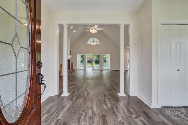 600 Old Louisville Rd, Guyton, GA 31312 - entrance foyer featuring decorative columns, a ceiling fan, dark wood finished floors, and lofted ceiling