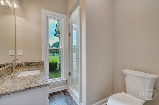 600 Old Louisville Rd, Guyton, GA 31312 - bathroom with vanity, a stall shower, plenty of natural light, and wood finished floors