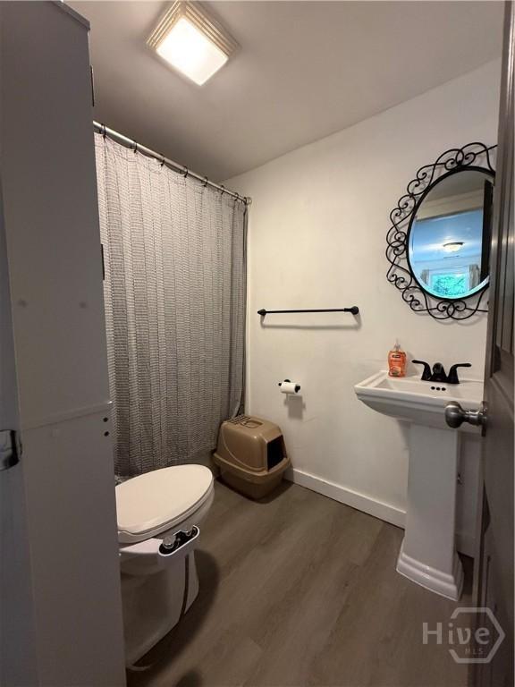 3052 Effingham Hwy, Sylvania, GA 30467 - bathroom featuring wood finished floors and a shower with shower curtain