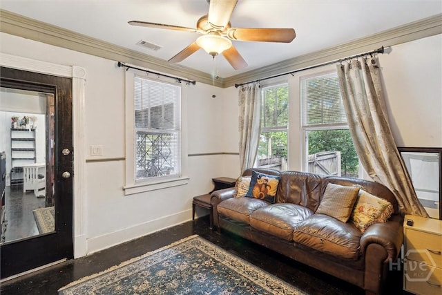 1025 W 40th St, Savannah, GA 31415 - living area with a ceiling fan and ornamental molding