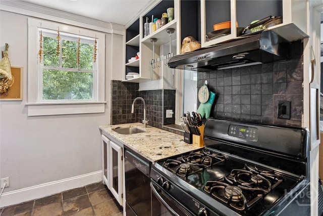 1025 W 40th St, Savannah, GA 31415 - kitchen featuring range with gas cooktop, black dishwasher, extractor fan, backsplash, and light stone counters