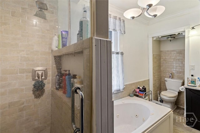 1025 W 40th St, Savannah, GA 31415 - full bathroom featuring a stall shower, crown molding, tile walls, vanity, and a tub with jets