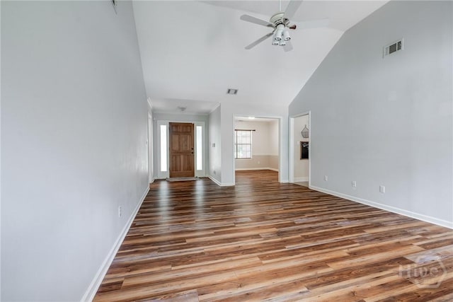 118 Plantation Way, Guyton, GA 31312 - unfurnished living room with high vaulted ceiling, wood finished floors, and ceiling fan