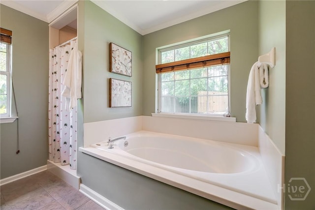 118 Plantation Way, Guyton, GA 31312 - bathroom featuring a bath, a shower with shower curtain, crown molding, and tile patterned floors