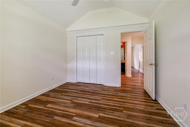 118 Plantation Way, Guyton, GA 31312 - unfurnished bedroom with dark wood-type flooring, lofted ceiling, a closet, and ceiling fan