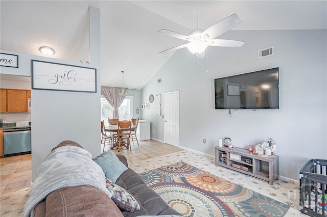 203 Deer Rd, Springfield, GA 31329 - living area featuring a ceiling fan and high vaulted ceiling