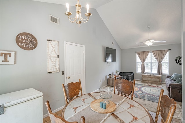 203 Deer Rd, Springfield, GA 31329 - dining space with high vaulted ceiling, ceiling fan, and a chandelier