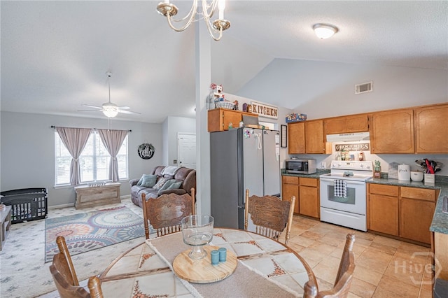 203 Deer Rd, Springfield, GA 31329 - kitchen featuring stainless steel appliances, under cabinet range hood, open floor plan, ceiling fan, and high vaulted ceiling