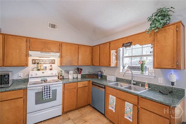 203 Deer Rd, Springfield, GA 31329 - kitchen with appliances with stainless steel finishes, under cabinet range hood, a textured ceiling, vaulted ceiling, and dark countertops