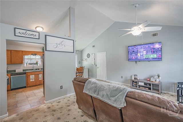 203 Deer Rd, Springfield, GA 31329 - living area featuring ceiling fan, high vaulted ceiling, and light carpet
