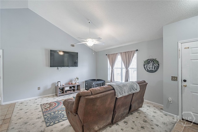 203 Deer Rd, Springfield, GA 31329 - living area featuring a ceiling fan, lofted ceiling, and a textured ceiling