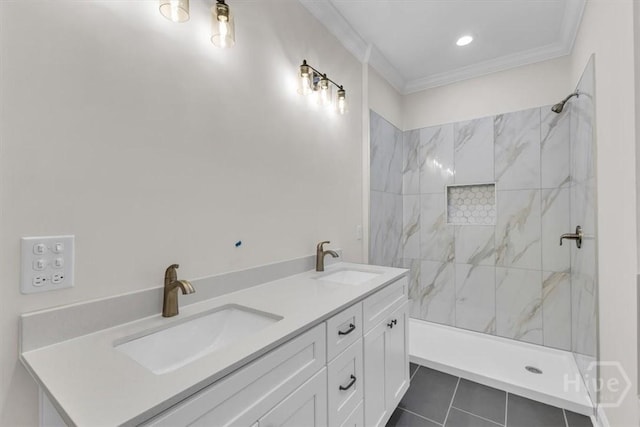 163 Sea Island Rd, Midway, GA 31320 - bathroom featuring a tile shower, tile patterned flooring, ornamental molding, and double vanity