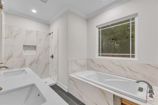 135 Houston St, Pooler, GA 31322 - bathroom with a garden tub, ornamental molding, a marble finish shower, tile patterned flooring, and double vanity