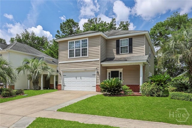 98 Peregrine Cir, Richmond Hill, GA 31324 - traditional-style house featuring an attached garage, concrete driveway, a front yard, and brick siding