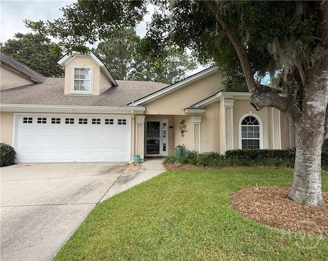 12 St Bnd, Savannah, GA 31404 - view of front of property featuring an attached garage, stucco siding, concrete driveway, a front lawn, and a shingled roof
