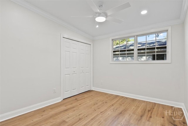 4630 Herty Dr, Savannah, GA 31405 - unfurnished bedroom with ornamental molding, light wood-style flooring, recessed lighting, a closet, and a ceiling fan