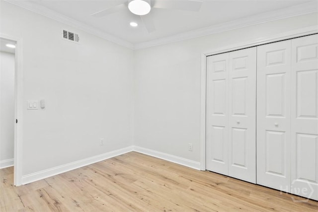 4630 Herty Dr, Savannah, GA 31405 - unfurnished bedroom featuring crown molding, light wood-style flooring, recessed lighting, a closet, and ceiling fan