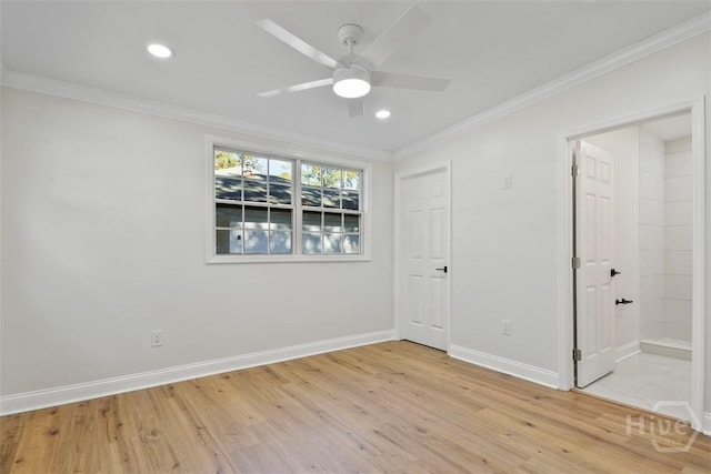 4630 Herty Dr, Savannah, GA 31405 - unfurnished bedroom with light wood-style flooring, crown molding, recessed lighting, ensuite bathroom, and a ceiling fan